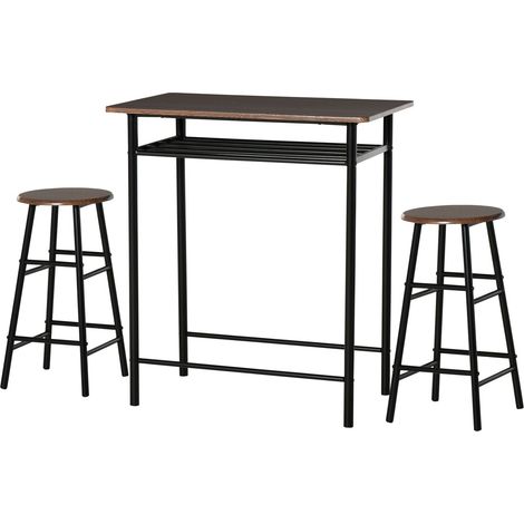 Bartisch Set 3-teilig Esstisch mit 2 Barhocker Essgruppe Küchentisch und Stühle Stehtisch und Barhocker mit Lagerregal Metall 80 x 50 x 90 cm Schwarz (1/5)