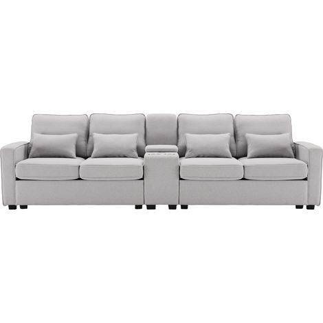 4-Sitzer-Sofa aus grauem Leinen mit Konsole, 2 Becherhaltern und 2 USB-Ports (1/5)