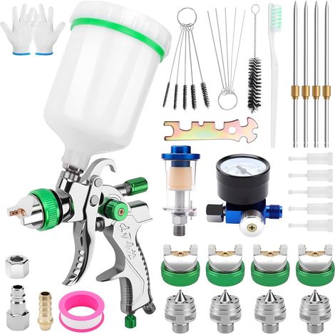 Hvlp Pistolet Pulvérisateur de Peinture avec 4 Buses 1,4/1,7/2,0/2,5MM Pistolet Ppeinture Air Comprimé avec Kit de Nettoyage Polyvalents, 600ML Récipient Pistolet Peinture pour Murs, Automobile (1/5)