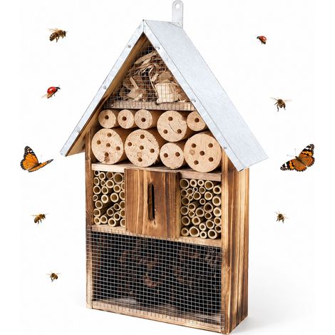 Relaxdays Hôtel à insectes en bois, toit métallique galvanisé, HLP 48 x 31 x 10 cm, à suspendre, finition flammée