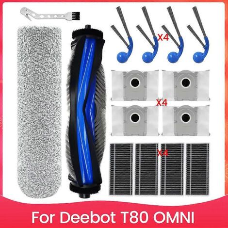 Ensemble d'accessoires pour aspirateur Ecovacs Deebot T80 OMNI : pièces de rechange, brosses latérales principales, sacs à poussière et filtres.