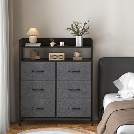 Kommode mit Schubladen, 6 Stoffschubladen, 2-stufiger Platte, Stabiler Stahlrahmen und MDF, Aufbewahrungsschrank für Schlafzimmer, Wohnzimmer, Flur, Dunkelgrau (1/5)