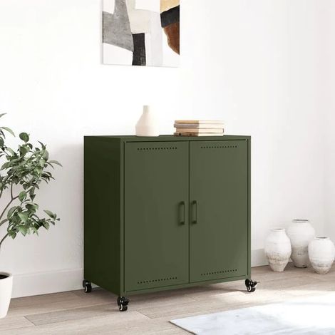 Buffet de Cuisine Vert Olive 68x39x72 cm, Meuble Rangement Métal Robuste avec Étagères, Console Industrielle pour Salle à Manger et Entrée (1/5)