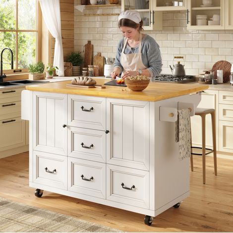 Mueble de cocina con ruedas y tablero abatible, 5 cajones y 2 puertas blanco HAVRYA (1/5)
