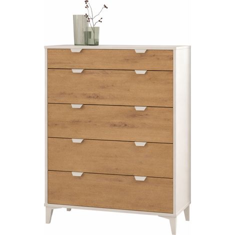 Commode Chiffonnier Meuble de rangement avec 5 tiroirs coloris Blanc/chêne Albar - Hauteur 110 x Longueur 80 x profondeur 48 cm