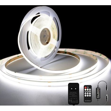 Striscia LED COB da 10 m, 6000K – Bianco freddo, 384 LED/m – Alimentatore e telecomando inclusi – CRI 93+ – Larghezza 8 mm per decorazione d'interni - 384 LED (1/4)