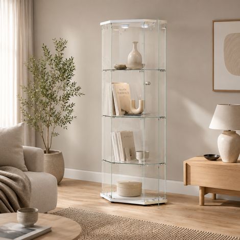 Vitrine en verre 4 étages 60x42.5x162 cm, Vitrine de collection pentagonale avec éclairage LED, armoire vitrée verrouillable avec étagères amovibles, Blanc, pour figurines (1/5)