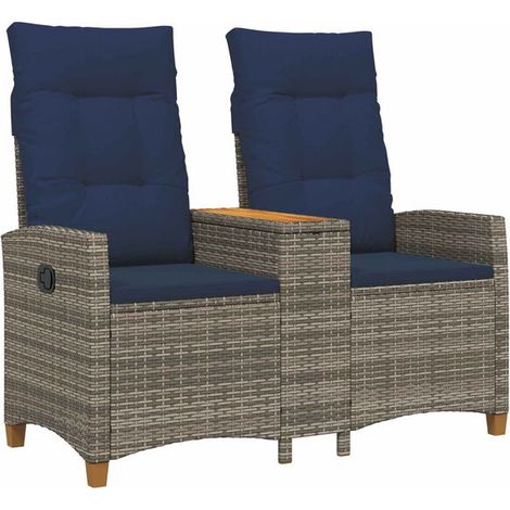 Un fauteuil inclinable avec table, en rotin de polyéthylène gris et bleu marine. (1/5)