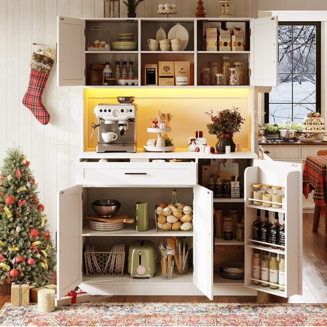 Credenza da cucina 110 x 38 x 180 cm con LED, presa e USB, bianca HAVRYA (1/5)