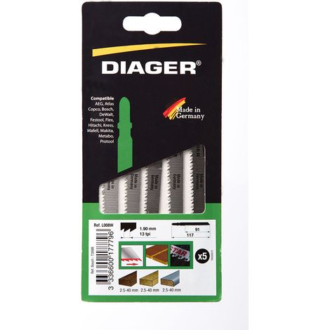 DIAGER Lames de scie sauteuse hcs pour lamines et stratifies L008W5 5 lames 117 / 91 mm 13 tpi (2,0 mm) 'T' Coupe nette en haut