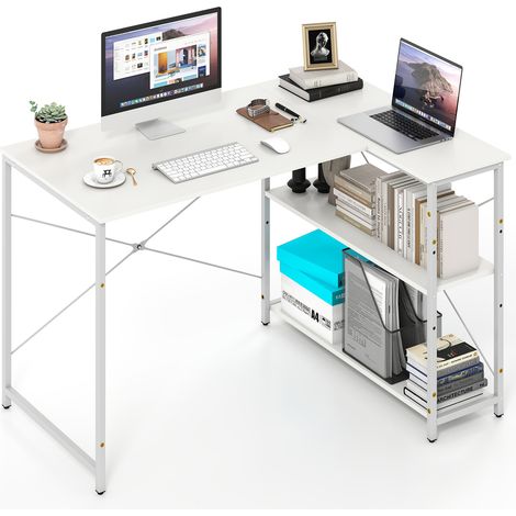 Bureau d'Ordinateur en Forme de L, Bureau d'angle Réversible avec Étagère Réglable, Table d'Étude Gain de Place avec Cadre Métallique Robuste, Blanc (1/5)