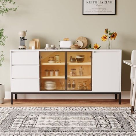 Buffet-Schrank mit Aufbewahrung, Küche Seitenpanel Aufbewahrungsraum mit Türen und 3 Schubladen, Speisekammer Schrank Display Rack, Konsole, Esstisch Manager Möbel, Wohnzimmer Esszimmer weiß (1/5)