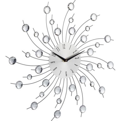 Relaxdays XL Shiny Wall Clock, Large Kitchen Sunburst Wall Clock, Modern Timepiece, 50 cm Diameter, Silver (1/5)