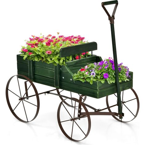 COSTWAY Brouette Décorative en Bois avec 2 Compartiments à Planter Roues Métalliques Poignée Charge 15kg pour Cour Vert (1/5)
