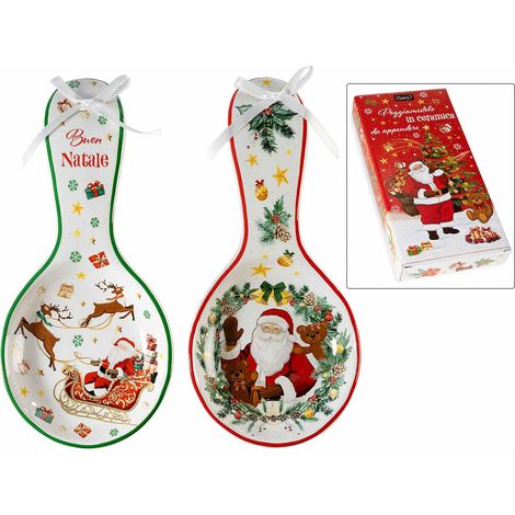 Poggiamestolo di Natale in ceramica con fiocco, set da 6 pezzi, cm 11,5 x 24,5 H