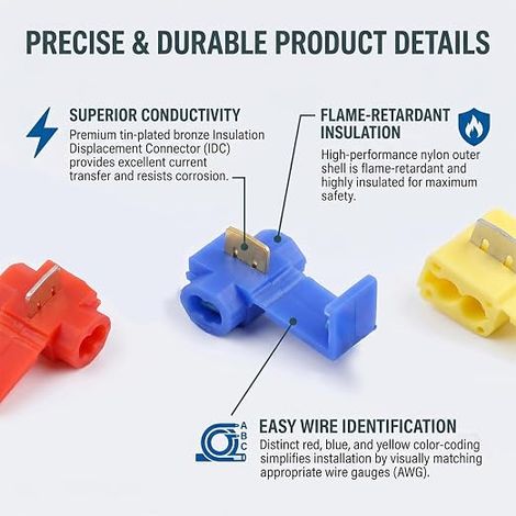 Connecteur Rapide de Dérivation, Ratio Utile Rouge Bleu Jaune, Raccord Électrique Auto-dénudant, Section Câble 0.3-6mm² AWG, Boîte Connexion Rapide (1/4)