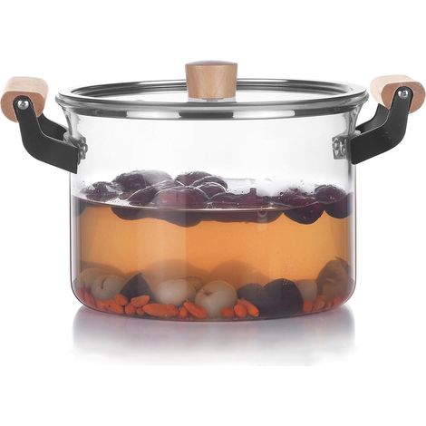 3,5-l-Klarglastopf zum Kochen auf dem Herd – Glas-Simmertopf, großer Glaskochtopf mit Holzgriff, Glasbrattopf mit durchsichtigem Deckel zum Kochen von Pasta, Nudeln, Suppe, Milch (1/5)