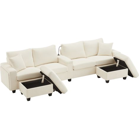 ELVMI Sofá en U de pana con 2 pufs, lámpara de lectura, bandeja abatible, portavasos y USB Type-C, beige (1/5)