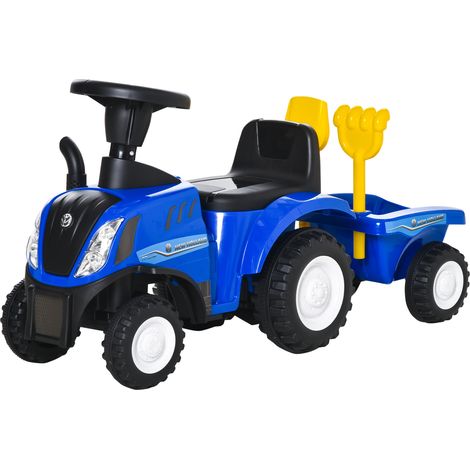 Porteur tracteur enfant coffre amovible rateau pelle lumière LED klaxon bleu