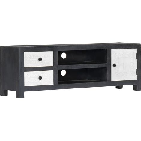 Mobile TV multimediale scaffale per televisione televisione buffet sala da pranzo soggiorno camera da letto intagliato a mano e 120 x 30 x 40 cm Legno di mango grigio 020028311