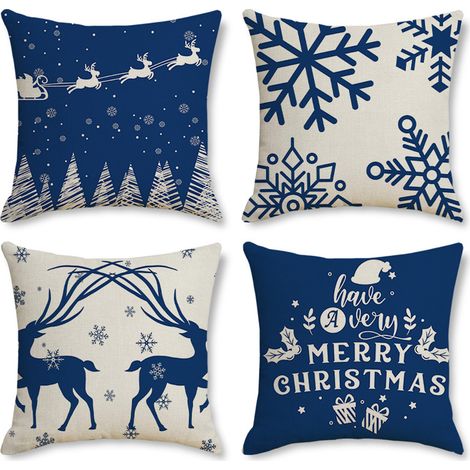 Lot de 4 Housses de coussin, Lin rustique, Imprimé Noël, 45x45 cm, Salon (1/5)