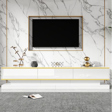 Meuble TV 200x40x40 cm blanc en panneau de particules avec 3 tiroirs, finition brillante et rangement ouvert (1/5)
