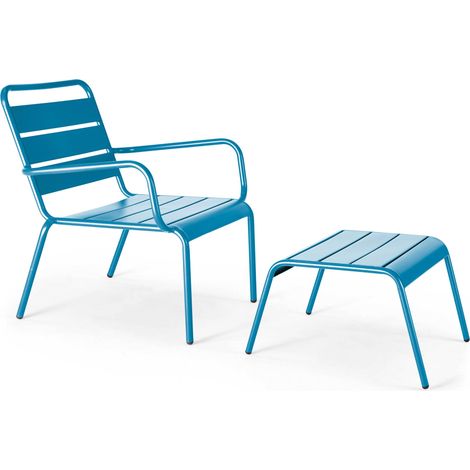 Fauteuil relax et repose pied en métal bleu pacific - Palavas (1/5)