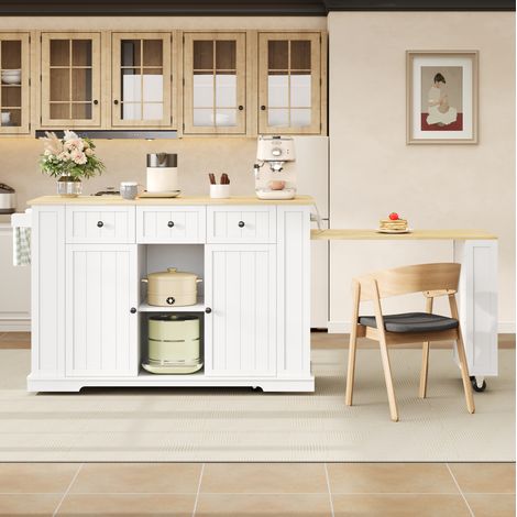 Isla de cocina extensible, 138/213x55x93 cm, blanca y natural, mesa, enchufes, USB, 2 puertas y 2 cajones (1/5)