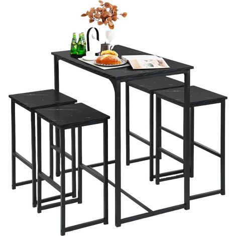 Bartisch Set mit 4 Hockern, Industriestil, Küche & Esszimmer, Schwarz (1/5)