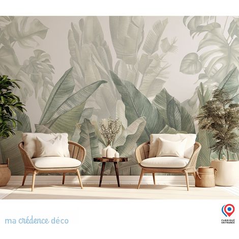 Papier peint : Fresque tropicale et aquarelle 2 - Intissé - L.200 x H.280 cm - Vert blanc (1/5)