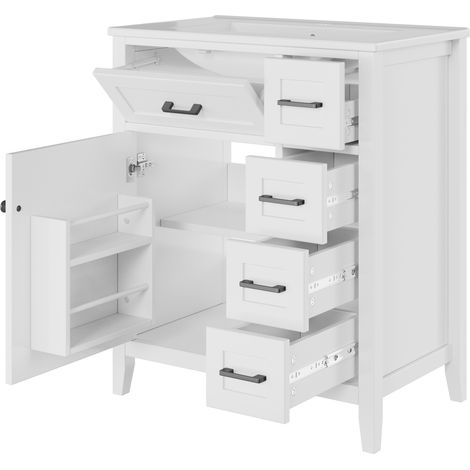 Meuble sous-vasque de salle de bains sur pied 76×46×90 cm – Finition laquée, quatre tiroirs silencieux, tiroirs rabattables, étagères derrière la porte du placard, poignées noires, lavabo en céramique (1/5)