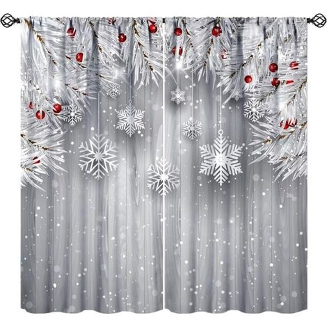 RHG Rideaux d'hiver en forme de flocon de neige, branches de sapin blanc argenté, arbre de Noël, baies rouges, neige, rideaux de fenêtre pour maison, cuisine, chambre à coucher, salon, 120 x 180cm (1/5)