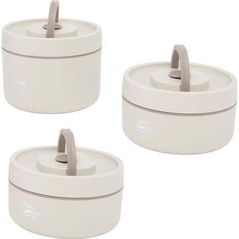 Boîte repas isotherme ronde 304 inox étanche portable bento thermique avec couvercle et sac isotherme beige 3 pièces (1/5)