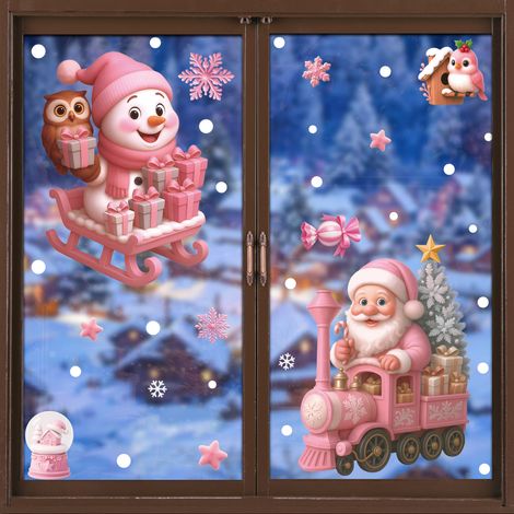 Autocollants décoratifs roses pour fenêtres, sapin de Noël, bonhomme de neige, autocollants pour fenêtres, cerf de Noël, flocons de neige, autocollants statiques