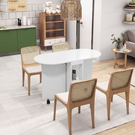 Table à manger pliante sur roulettes, table de cuisine pour 4 personnes, 2 abattants et 2 étagères, 120x60x77cm, blanc (1/5)