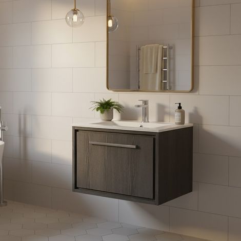 Hudson Reed Lille Wall Hung 1-Drawer Vanity Unit with 1TH Minimalist Basin 600mm Wide - Graphite Grey Woodgrain