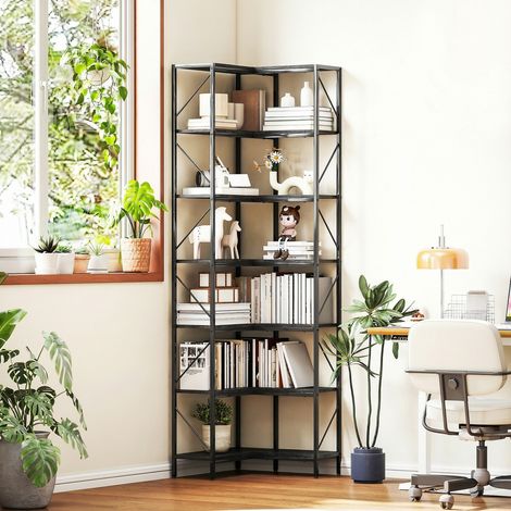 Étagère d'angle noire effet bois 7 niveaux, étagère industrielle design pour rangement mural (1/5)