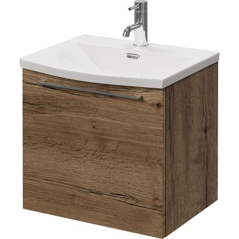 Napoli 390 Tobacco Oak 500mm Wall Mounted Single Drawer Vanity Unit with Arc Basin - 500mm - Chrome 320mm Handle