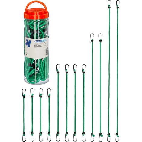 Relaxdays Bungee Cords with Hooks, Set of 12, Bike & Car Cargo Strap, Universal Elastic Band for Luggage, 4 Sizes, Green (1/5)