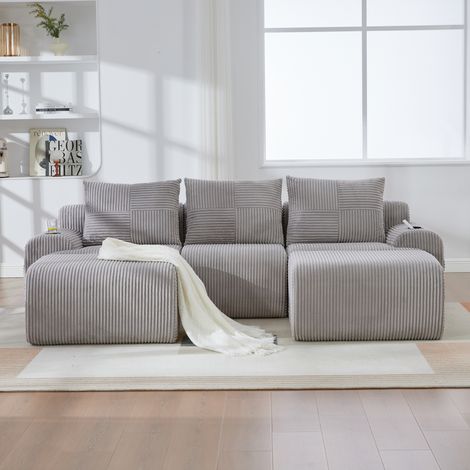 Canapé modulaire en velours côtelé 3 places (avec 2 poufs), combinable librement, avec porte-gobelet et poche de rangement latérale, idéal pour le salon, la salle familiale et d'autres pièces. Gris cl (1/5)