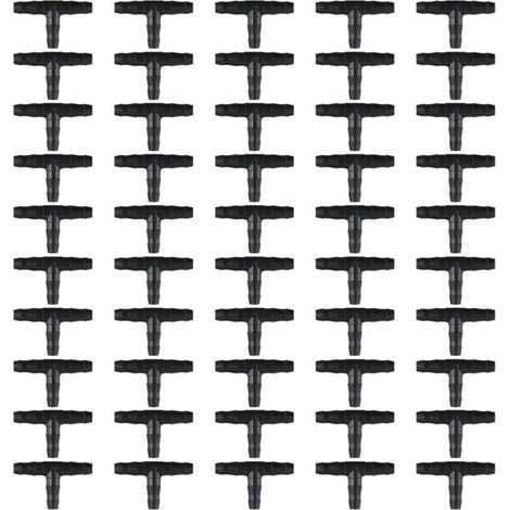 Lot de 50 raccords cannelés en T pour arroseur goutte à goutte pour tuyau de 4 mm et 7 mm, équipement d'arrosage de jardin en plastique (1/4)
