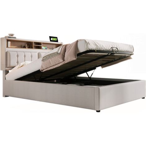 Polsterbett Doppelbett mit USB C Steckdose Ladefunktion Kopfteil,Stauraumbetten Bettgestell aus Leinenmaterial Jugendbett  mit lattenrost(Mit Matratze)