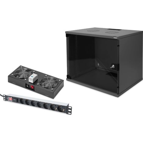 Set: Armoire réseau 19" 9U + ventilateur de toit + bloc multiprise 7 ports // Rack 19 pouces - Non monté - Montage mural - Profondeur 400 mm - Charge 60 kg - Profondeur utile 170-270 mm - Noir (1/5)