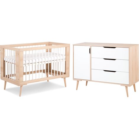 Lit bébé 60x120 et commode à langer – Panneaux MDF et bois de hêtre – 3 niveaux de sommier – Normes de sécurité EN 71-3 et EN 716-1