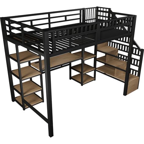 Hochbett 140 x 200 cm aus Metall und MDF, schwarz, mit Schreibtisch, Regalen, LED und USB-Anschluss (1/5)