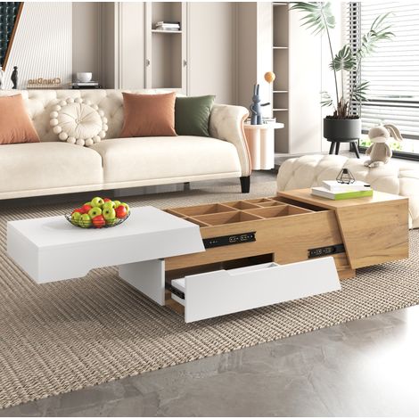 Tavolino da salotto scorrevole con contenitore, 120 x 50 x 37,5 cm, MDF bianco e legno HAVRYA (1/5)
