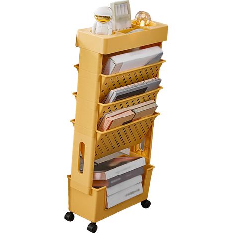 Bewegliches, vielseitiges Bücherregal mit großem Fassungsvermögen, mehreren Ebenen und 4 Universalrollen – ideal für Büro, Schule und Zuhause – Orange (1/5)