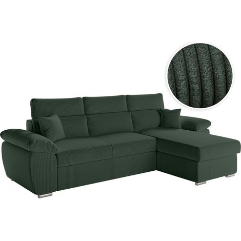 Loungitude – Canapé d'angle réversible convertible avec coffre et têtières réglables en velours côtelé – Assise moelleuse – Vert foncé (1/5)