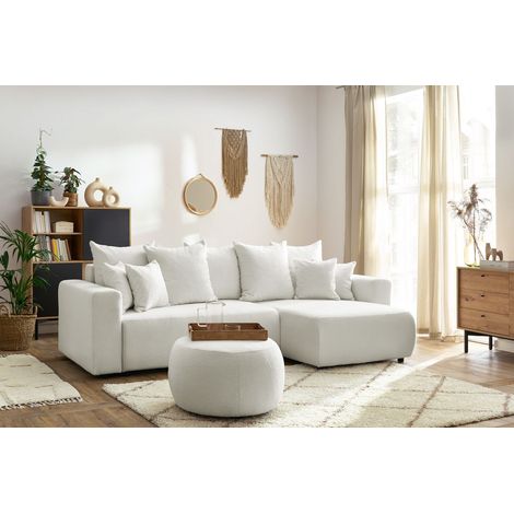 BOBOCHIC - Canapé d'angle réversible convertible coffre ENVY tissu bouclette doux avec pouf rond Blanc (1/5)