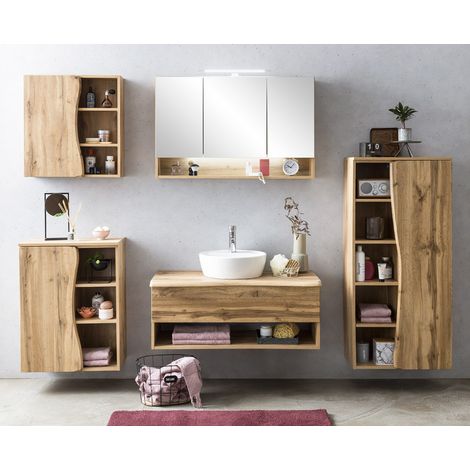Badmöbel Set mit Aufsatzwaschbecken und LED Spiegelschrank KAHLA-03 in Wotan Eiche Nb. mit Baumkantenoptik, B/H/T: ca. 261/200/52 cm (1/5)